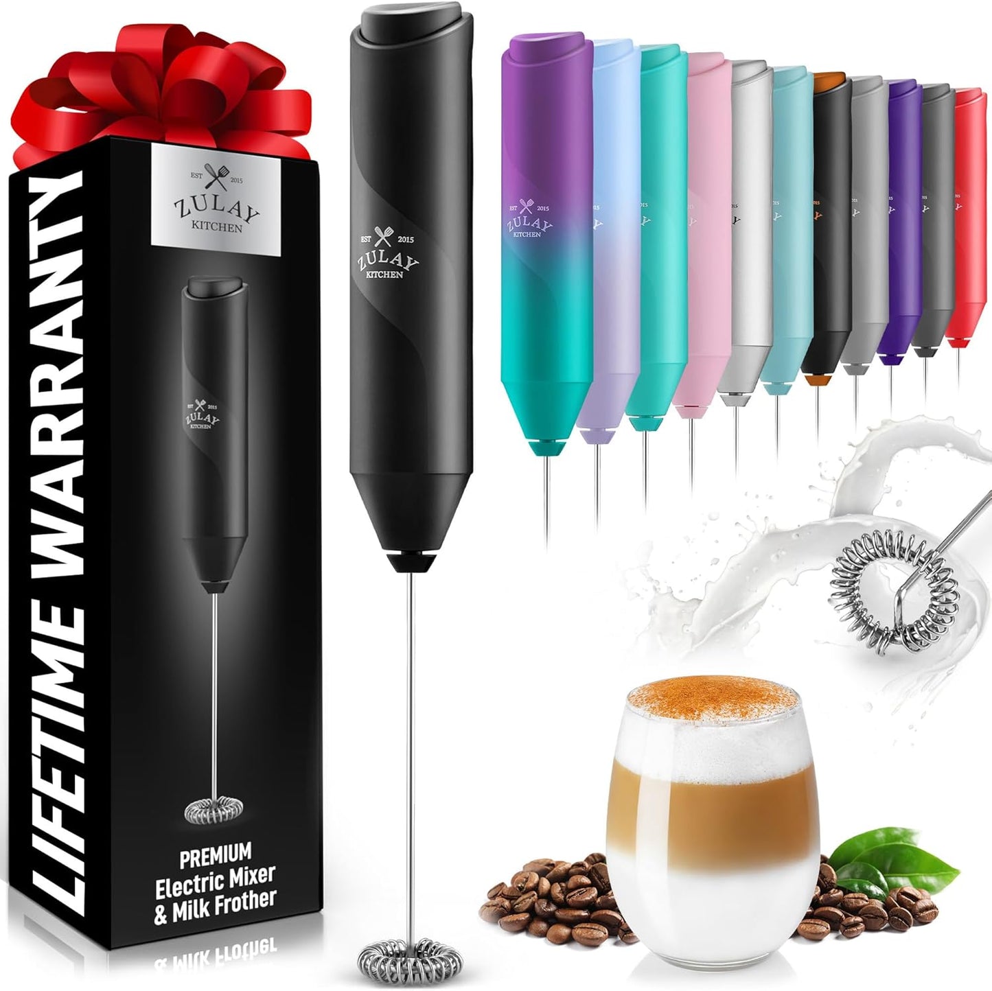 Zulay Milk Frother Wand - Mini Handheld Stainless Steel Drink Mixer for Coffee & Lattes - Black