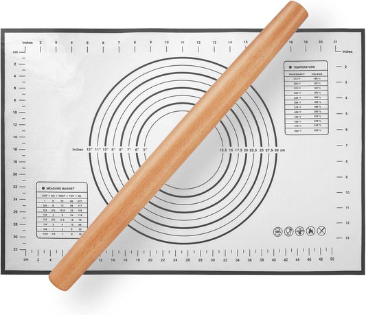 QUELLANCE Wood Rolling Pin - Beech Wood Dough Roller with Silicone Baking Mat for Pizza, Pastries & Cookies