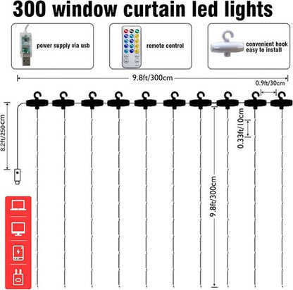Dazzle Bright Curtain String Lights - 300 LED Warm White Fairy Lights | 9.8ft x 9.8ft, Waterproof with 8 Modes
