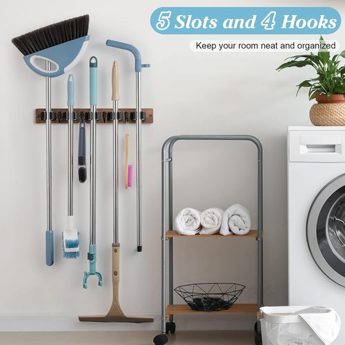 Brown Broom Holder Wall Mount - Heavy Duty Wood Mop Organizer with 5 Slots & 4 Hooks | Rustic Storage Solution for Laundry Room, Kitchen, Garage