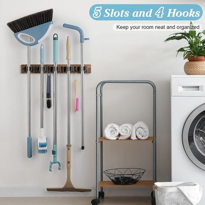 Brown Broom Holder Wall Mount - Heavy Duty Wood Mop Organizer with 5 Slots & 4 Hooks | Rustic Storage Solution for Laundry Room, Kitchen, Garage