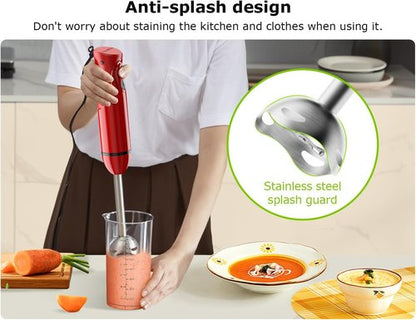 Bonsenkitchen Immersion Blender - Portable Handheld Stick Mixer with Stainless Steel Blades | Red, 2 Speed Settings