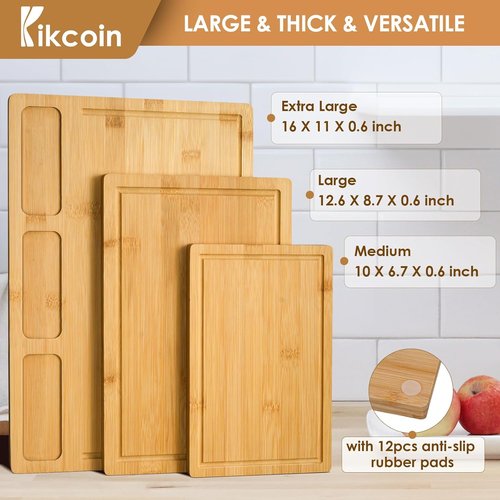 Kikcoin Bamboo Cutting Boards Set - Heavy Duty Kitchen Chopping Boards with Juice Groove & Compartments (3-Piece)