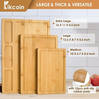 Kikcoin Bamboo Cutting Boards Set - Heavy Duty Kitchen Chopping Boards with Juice Groove & Compartments (3-Piece)