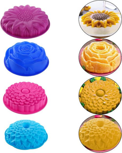 DEAYOU Silicone Cake Molds - 4 Pack Flower Shape Non-Stick Baking Trays for Brownies & Tarts