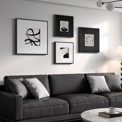 Framed 3D Textured Black And White Abstract Wall Art - 4 Piece Modern Paintings For Home Decor