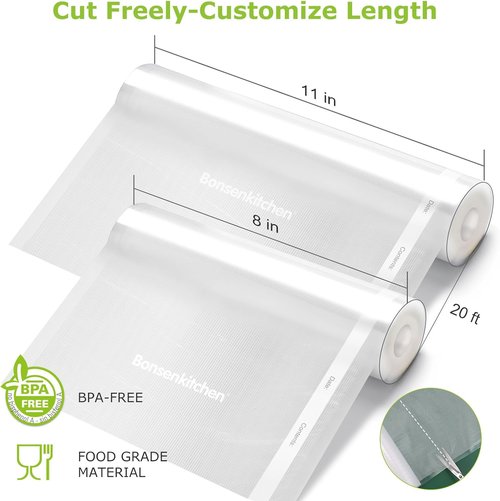 Bonsenkitchen Vacuum Sealer Rolls - 6 Pack of Commercial Grade BPA-Free Bags | 3 Rolls 11" x 20' & 3 Rolls 8" x 20' for Food Storage & Sous Vide Cooking