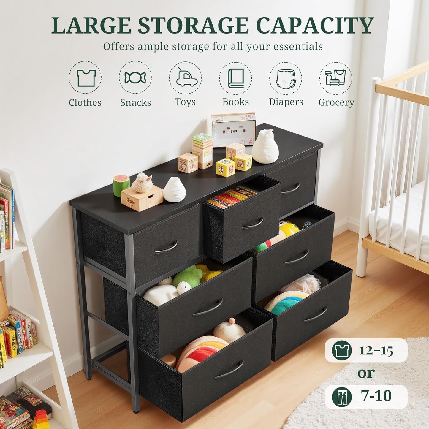 Skiennix 7-Drawer Dresser - Anti-Tip Storage Organizer with Wooden Top | Black Fabric Chest for Bedroom & Living Room