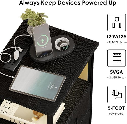 Fixwal Night Stand - LED Nightstand with Charging Station & USB Ports, Modern Black with 2 Drawers