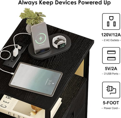 Fixwal Night Stand - LED Nightstand with Charging Station & USB Ports, Modern Black with 2 Drawers