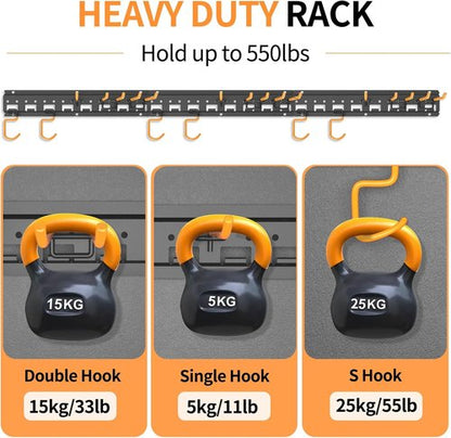 Garden Tool Organizer Wall Mount | Adjustable Pegboard Hooks for Garage Storage - Holds Up to 550lbs, Black