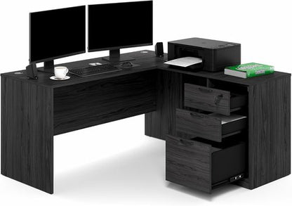 Furinno Roger 60-Inch L-Shaped Executive Desk - Stylish Home Office Desk with File Cabinet in Coastal Grey