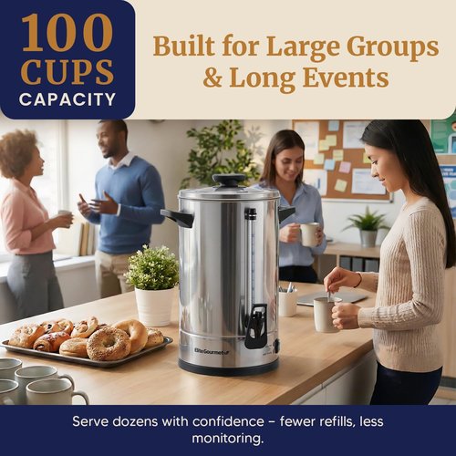 Elite Gourmet 100-Cup Coffee Urn & Hot Water Boiler - Dual-Wall Insulated, Dripless Faucet, Stainless Steel