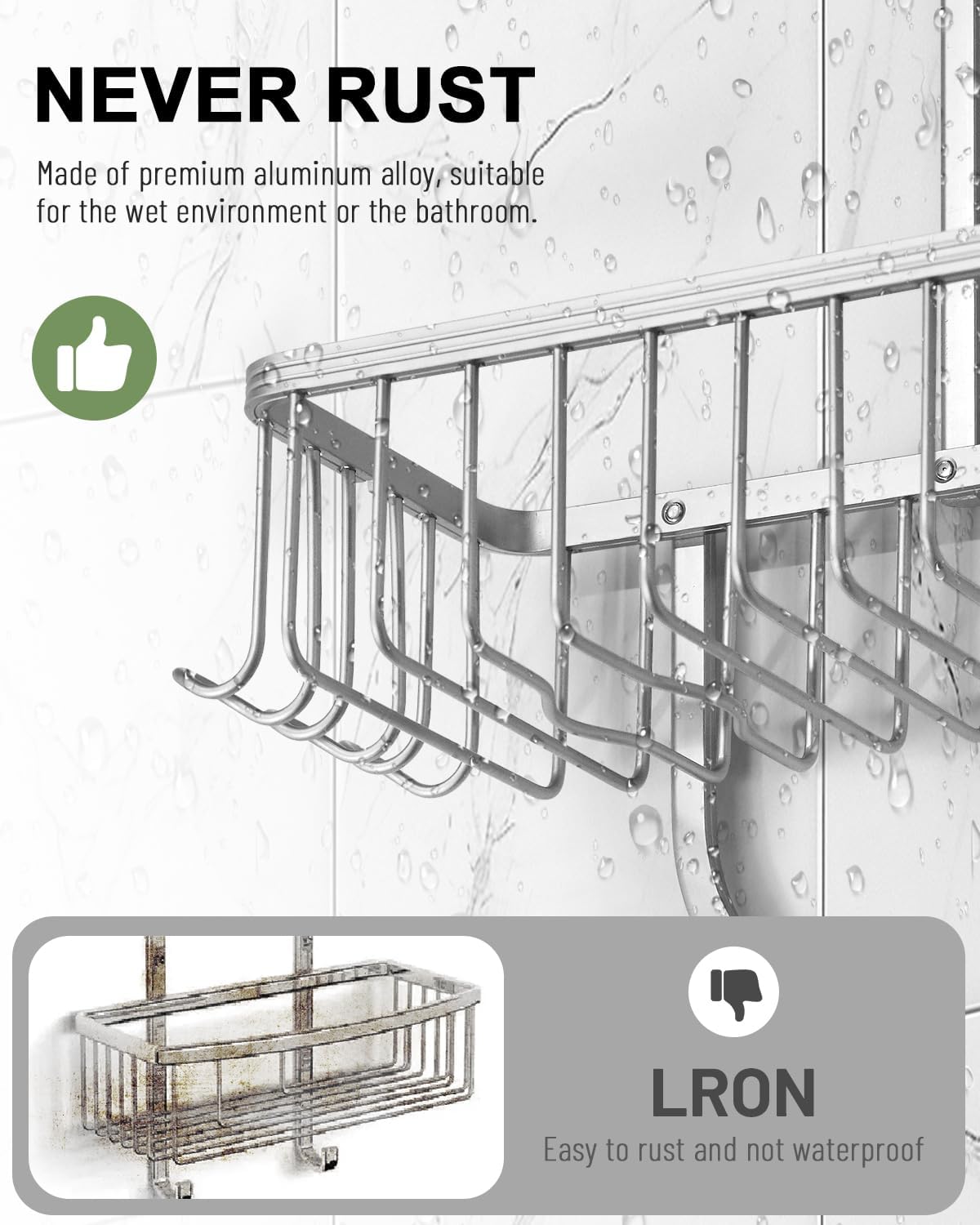 Regine Shower Caddy - Rust-Resistant Aluminum Hanging Organizer with 6 Hooks for Razors & Sponges | Silver