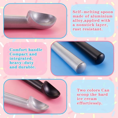 Gejoy 8 Pcs Ice Cream Scoops - Nonstick Anti-Freeze Aluminum Dessert Spoons for Gelato & Sorbet | Black & Silver