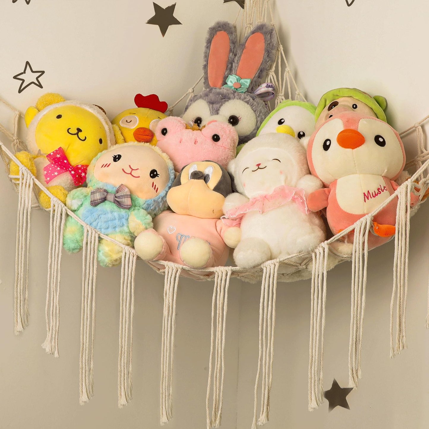 Stuffed Animal Hammock Corner, Hand-knitted Large Plushie Net Toy Hammock with Wooden Rings | Boho Cute Stuff Animal Storage for Nursery & Bedroom | Mesh Kids Toy Organizer Holder Nursery Room Decor