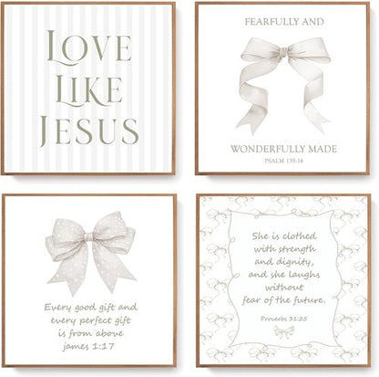 LARTSFRO Coquette Beige Bow Wall Art Decor - Inspirational Christian Posters for Teen Girls | 10x10 Inch Set of 4 Unframed