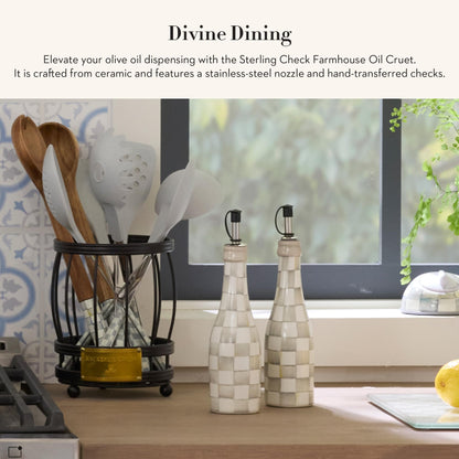 MACKENZIE-CHILDS Farmhouse Oil Cruet, Ceramic Oil-Dispenser Bottle, Gray-and-White Sterling Check