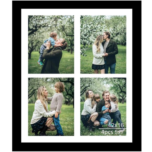 JCJMY 12x16 Picture Frame, 5x7 Collage Picture Frame, Display 4 Pcs 5x7 Photos or 12x16 Picture, Four Opening 5x7 Collage Frame for Wall Hanging, Lightweight 5 x 7 Multi Photo Frame, Black