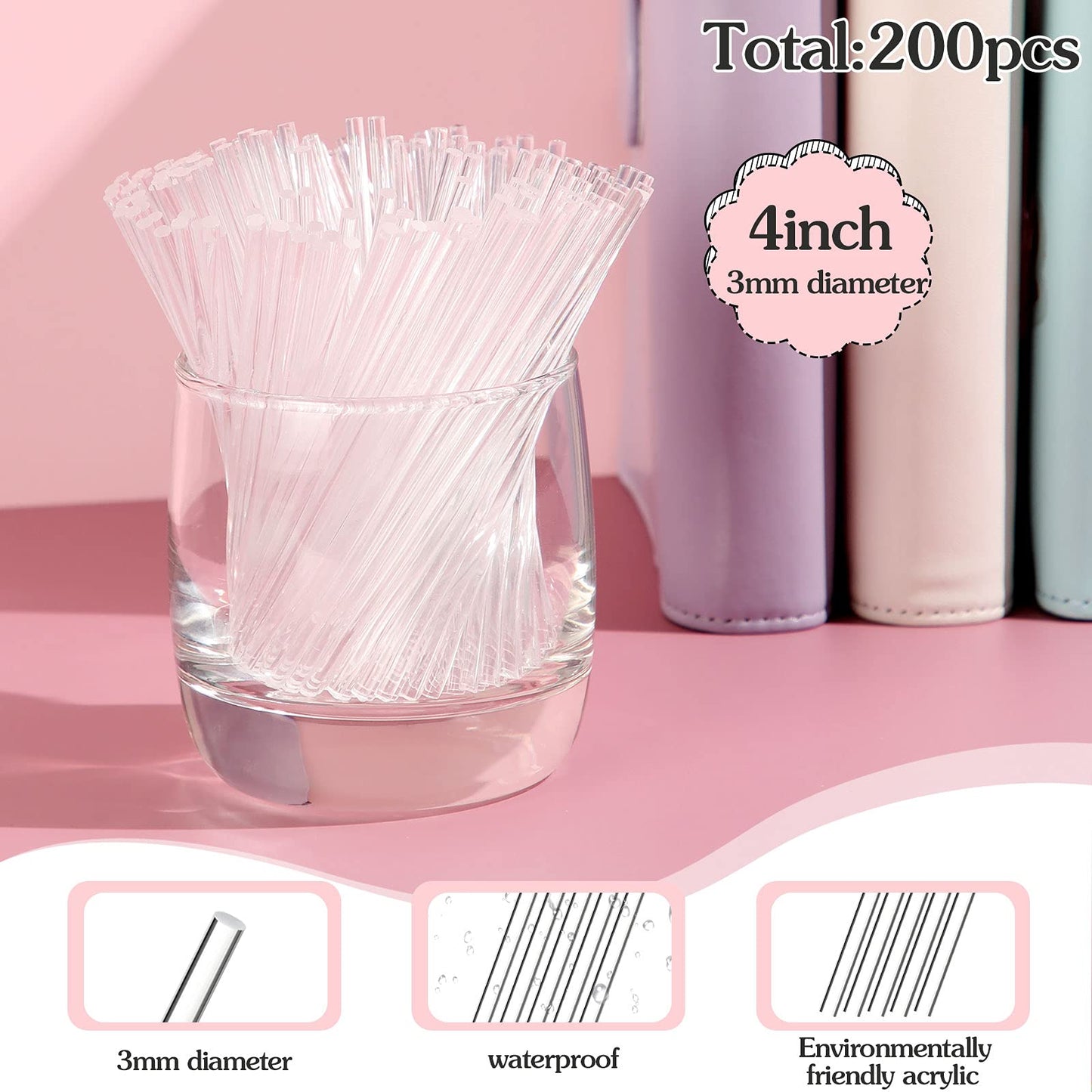 200 Pieces Acrylic Lollipop Sticks Cake Pops Sticks Candy Sticks Treat Sticks for Wedding Halloween Christmas Candy Cake Pops Cupcake Toppers Chocolate Cookie Dessert (Clear, 4 Inch)