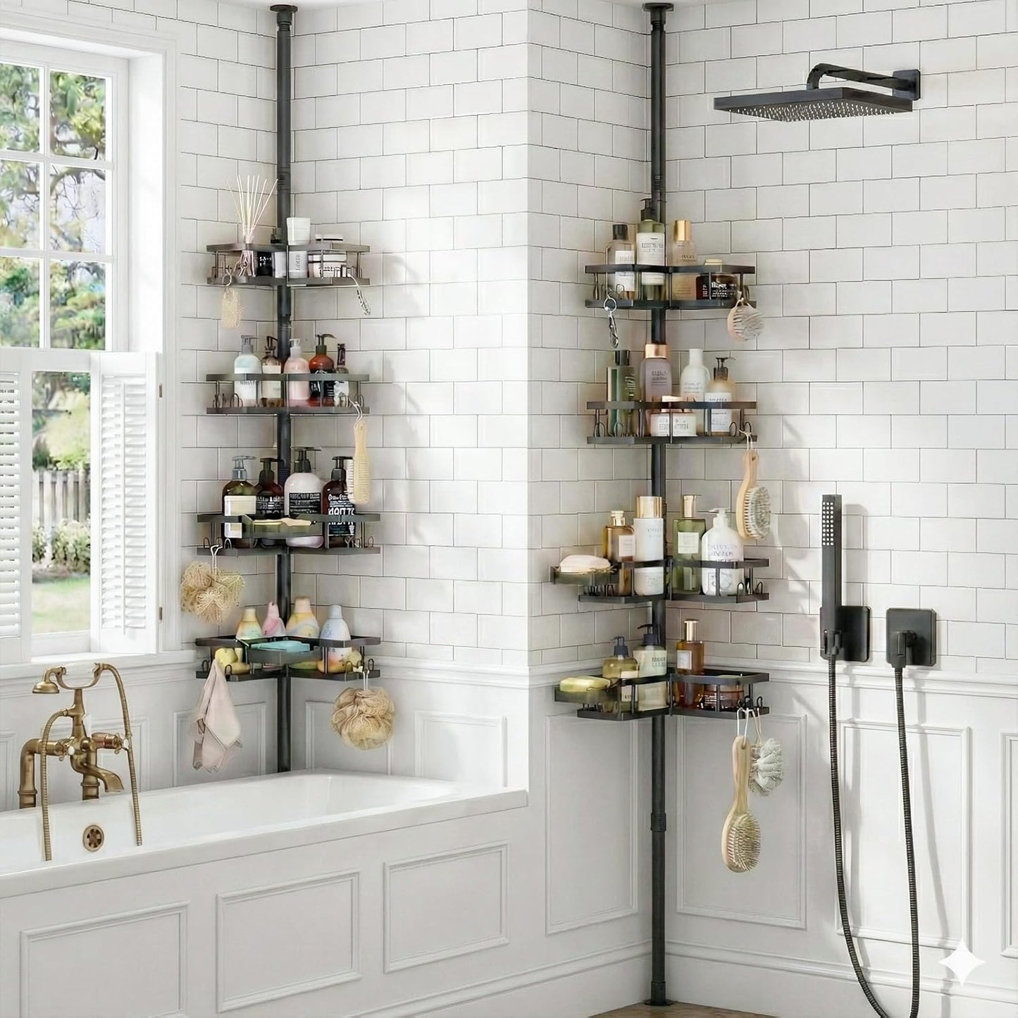 YASONIC Corner Shower Caddy - Adjustable Tension Pole Organizer | Rust-Resistant, No-Drill Installation, Black
