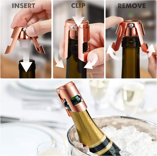 HYZ Champagne Stoppers - Stainless Steel Sparkling Wine Bottle Stopper with Pure Silicone Air Tight Seal - Professional Wine Saver for Champagne，Prosecco and Cava (2Pack Rose Gold)