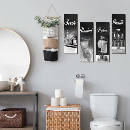 Honoson Bathroom Decor Wall Art - 4 Pcs Farmhouse Signs for Soaking, Unwinding, and Relaxing | Black & Silver