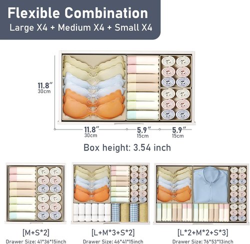 DIMJ Drawer Organizer - 12 Pack Foldable Fabric Storage Bins for Clothes | Beige Dresser Dividers