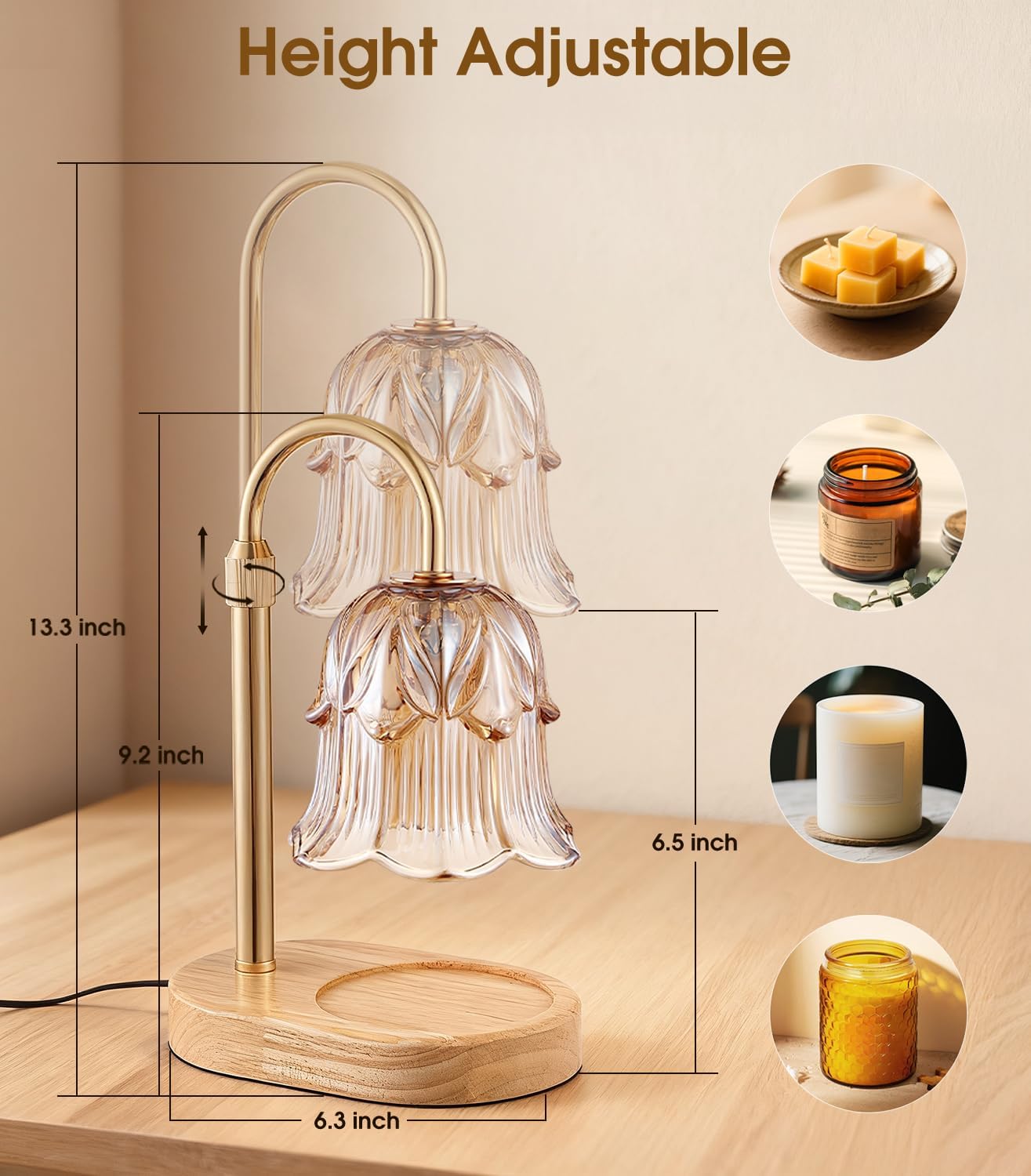 Skiennix Candle Warmer Lamp - Adjustable Timer & Height | Dimmable Vintage Base for Scented Wax Melts