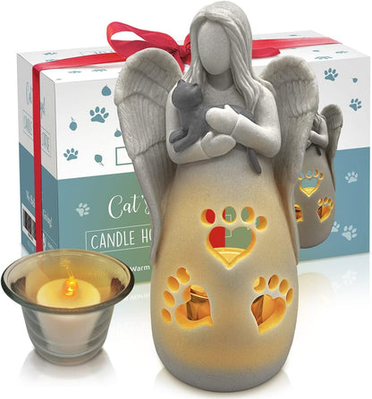 OakiWay Cat Memorial Gifts - Angel Candle Holder Figurine with Flickering LED Light | Sympathy Gifts for Cat Lovers
