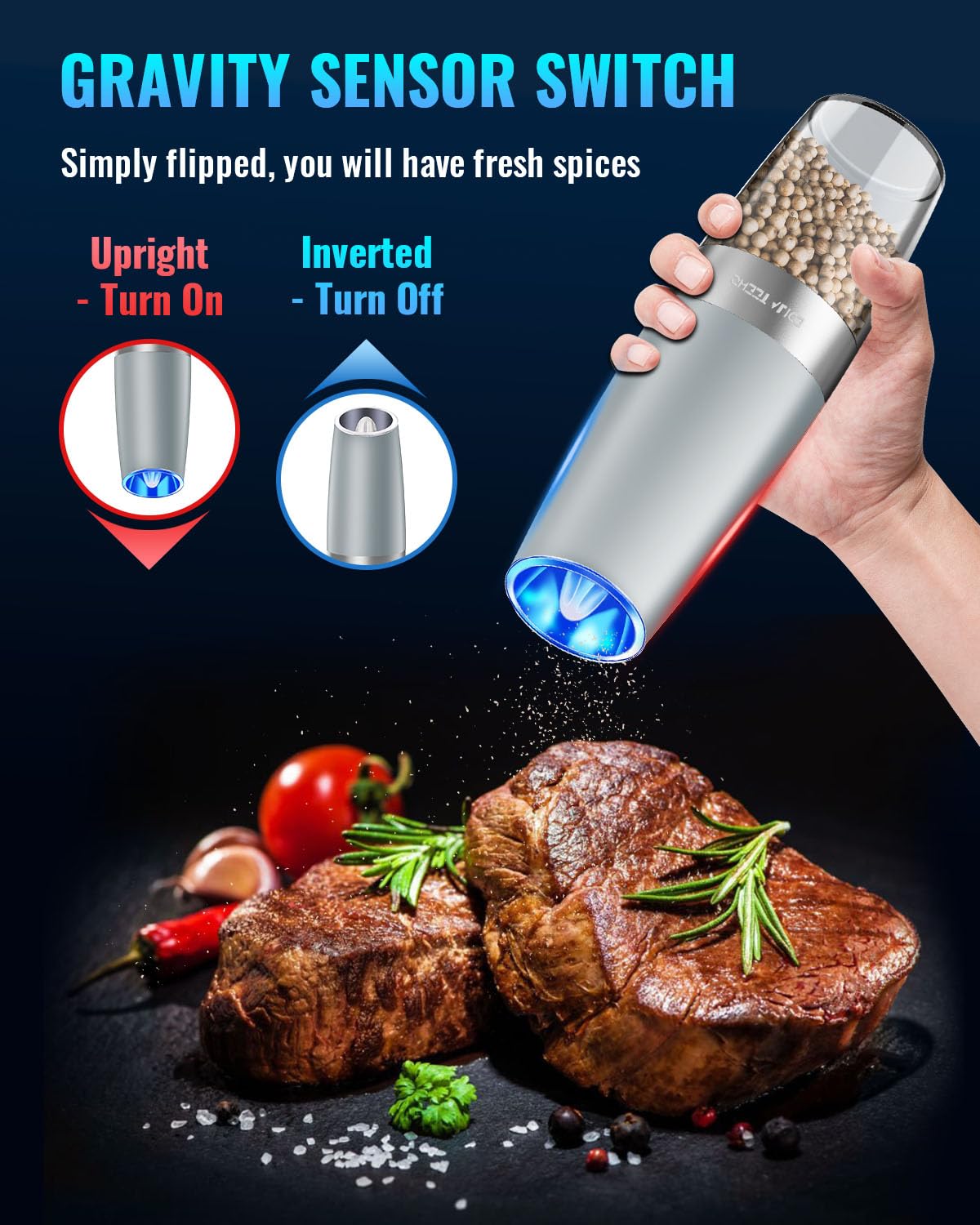 Gravity Electric Pepper/Salt Grinder, Salt or Pepper Mill & Adjustable Coarseness, Battery Powered with LED Light, One Hand Automatic Operation, Stainless Steel (Single/Light Grey)