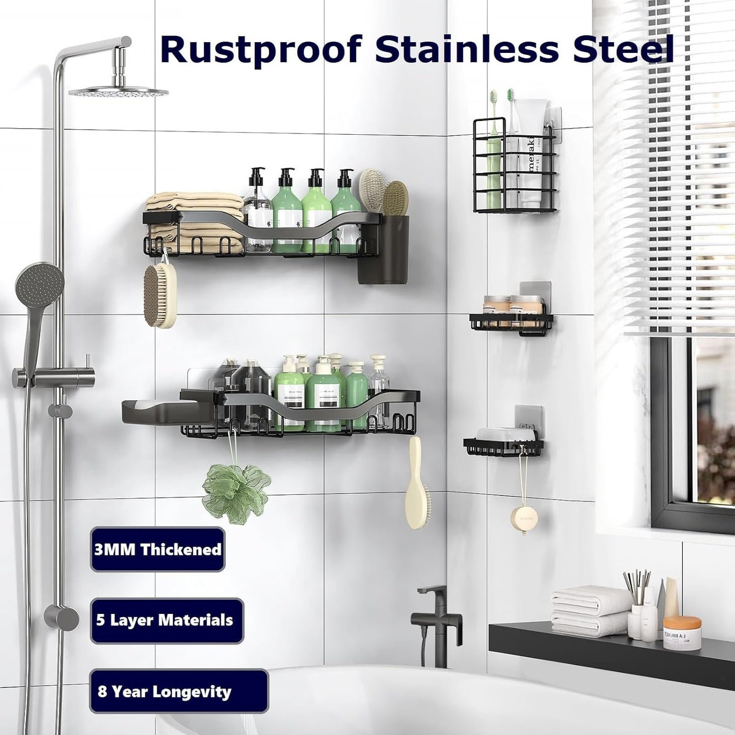 NESOMI Shower Caddy - Rustproof Stainless Steel Organizer with Soap Dish & Hooks | 7-Pack Large Capacity