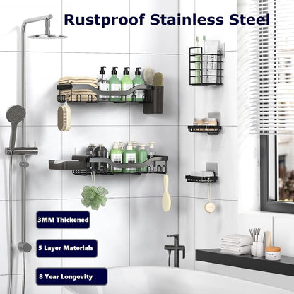 NESOMI Shower Caddy - Rustproof Stainless Steel Organizer with Soap Dish & Hooks | 7-Pack Large Capacity