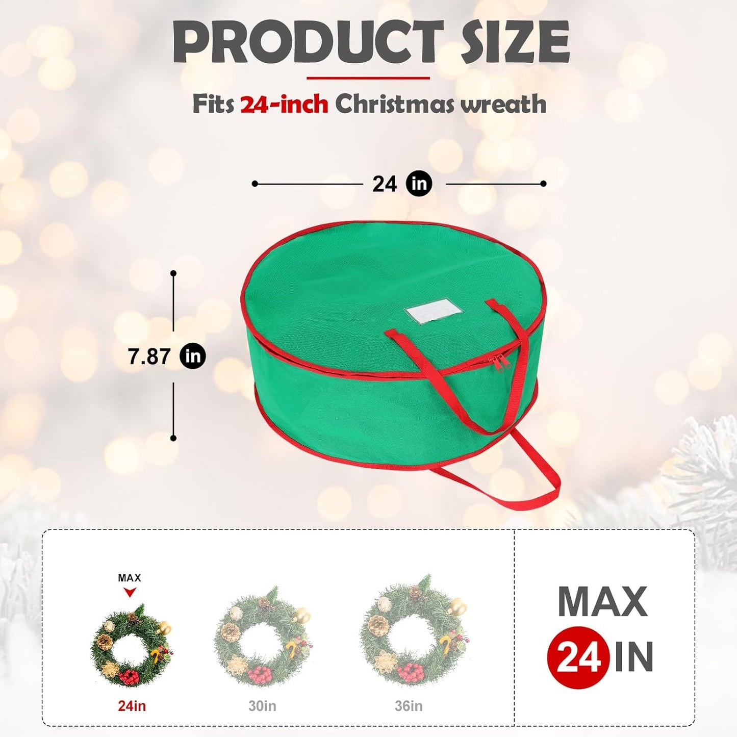 Regine Switzerland 24-Inch Christmas Wreath Storage Bag - Durable Double Zipper & Card Slot - Green
