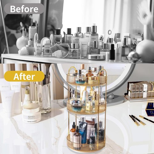 Asayuee 360° Rotating Makeup Organizer - Large Capacity Vanity Storage for Skincare & Perfume (Gold)