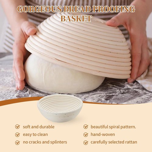 Dimpola Banneton Bread Proofing Basket Set - Handmade Rattan Sourdough Bowl | Round Design