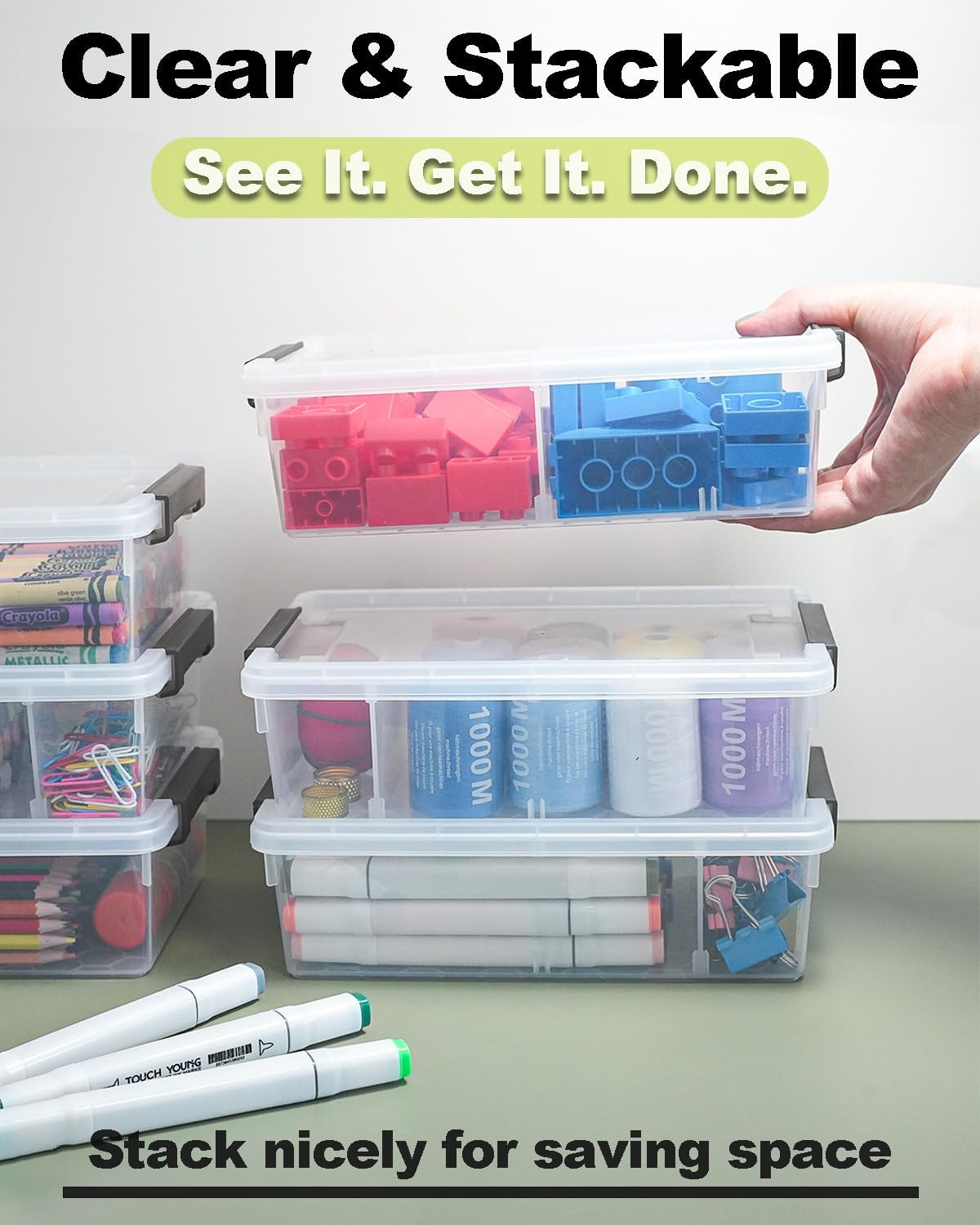Skiennix Extra Large Pencil Box - Clear Stackable Organizer with Removable Divider | 12 Pack, Grey