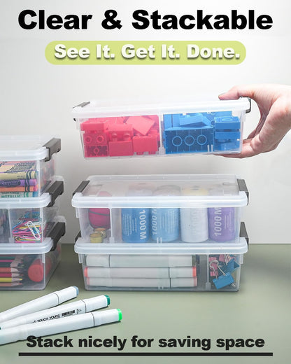 Skiennix Extra Large Pencil Box - Clear Stackable Organizer with Removable Divider | 12 Pack, Grey