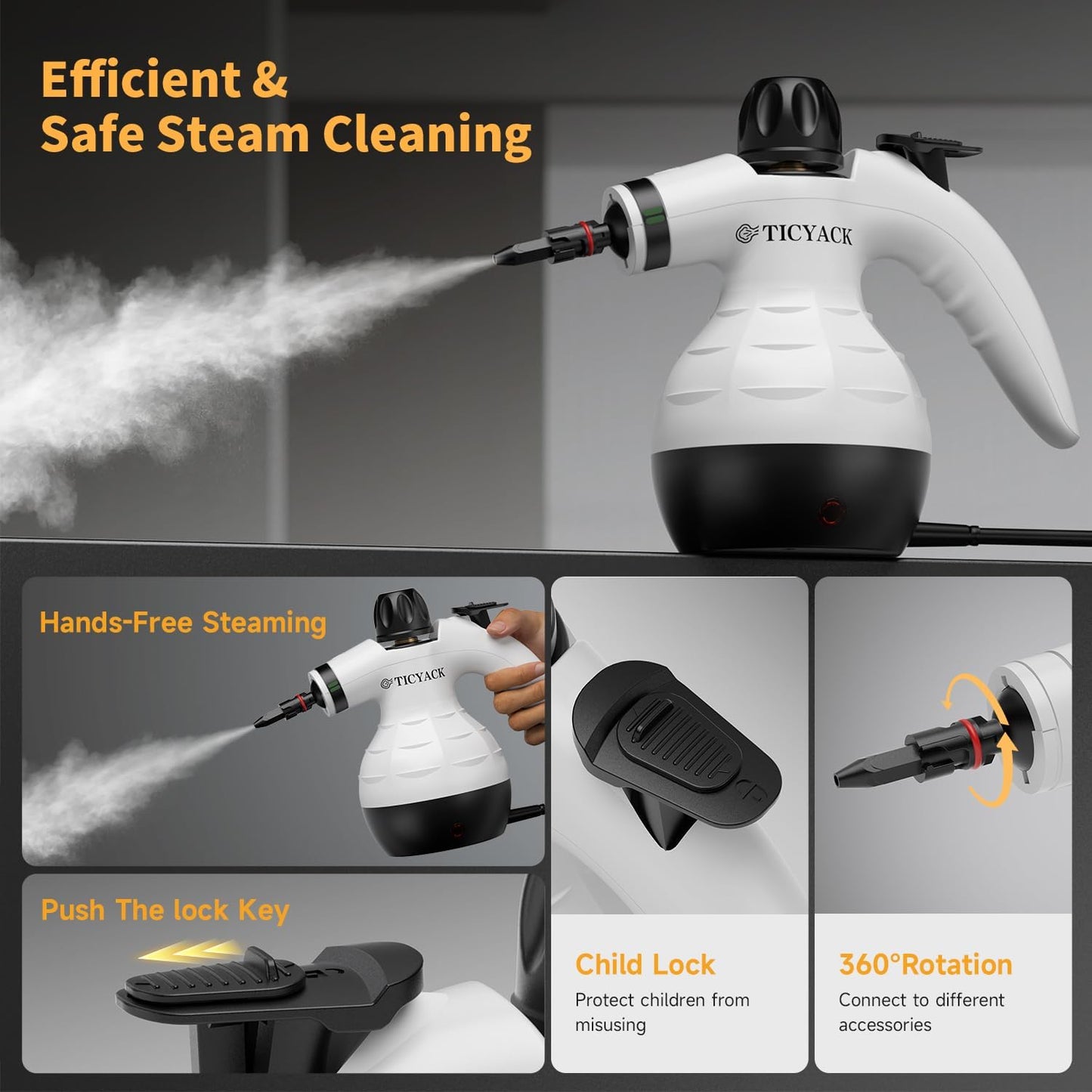 TICYACK Handheld Steam Cleaner - Multi-Surface Deep Cleaning with 16 Accessories & Safety Lock | White/Black