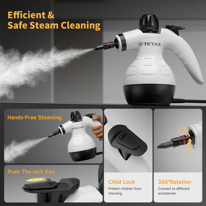 TICYACK Handheld Steam Cleaner - Multi-Surface Deep Cleaning with 16 Accessories & Safety Lock | White/Black