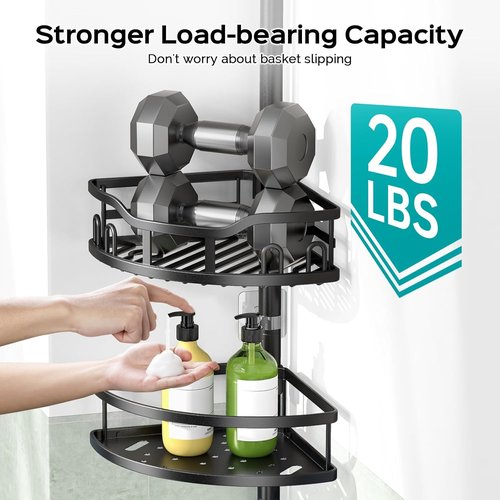 HAMITOR Corner Shower Caddy - Rustproof 4-Tier Bathroom Organizer for Shampoo & Soap - Adjustable 47-121 Inch Black Rack