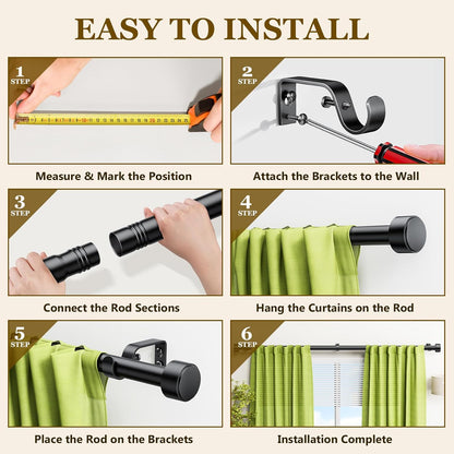 Skiennix Adjustable Black Curtain Rod Set - 32-96 Inch for Easy Installation | Includes Brackets