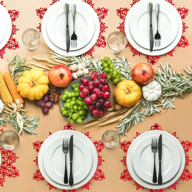 Snowflake Placemats Set of 6 Red Round Vinyl Table Mats - 15x15 inch (Variation: Red+6PCS)