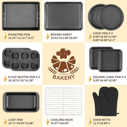 Skiennix Nonstick Bakeware Set - 12PCS Carbon Steel Baking Pans with Easy Grip & Oven Mitts