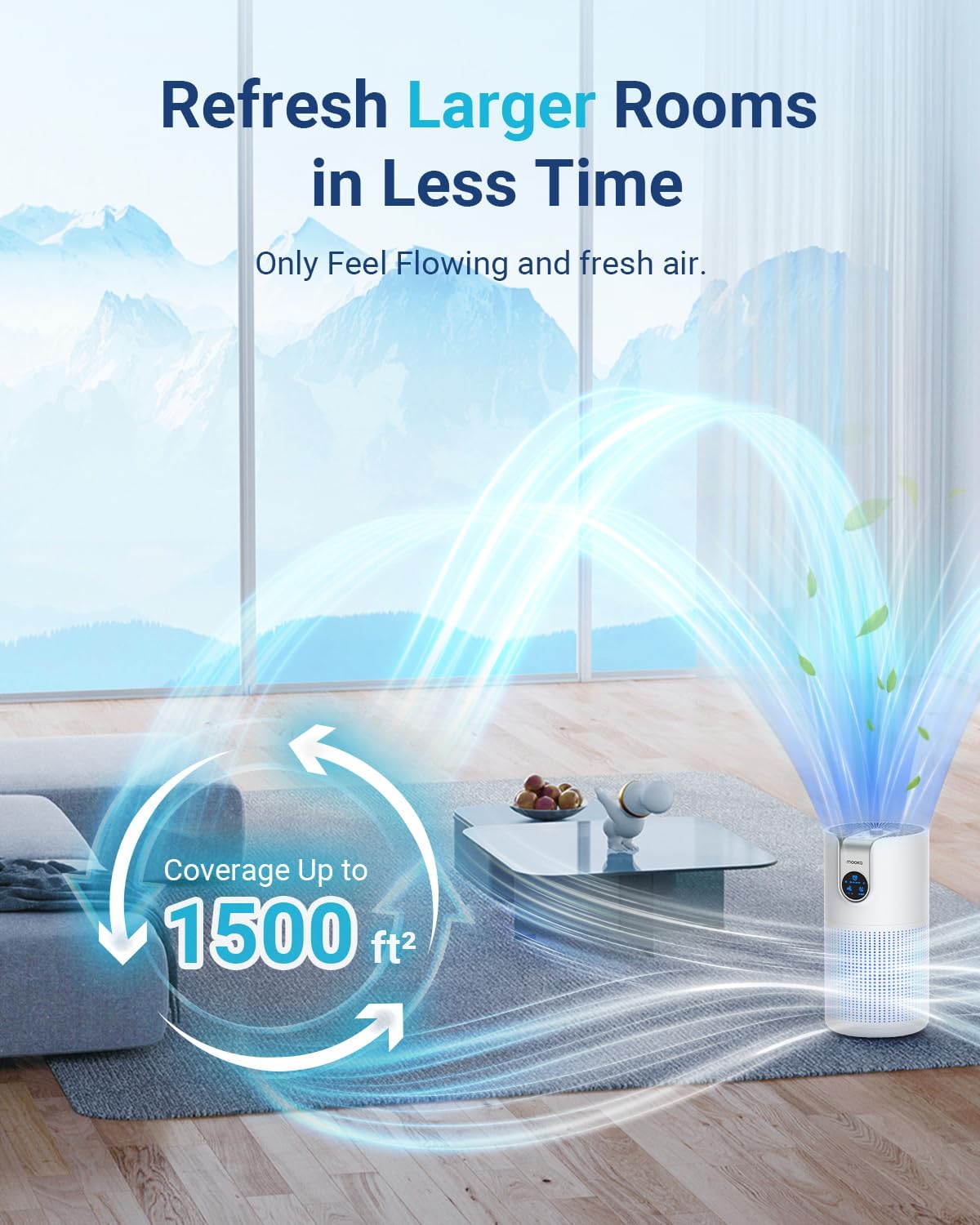 MOOKA HEPA Air Purifier - Large Room Coverage Up to 1500ft² | Quiet 15dB with Aromatherapy for Pets & Odor Removal