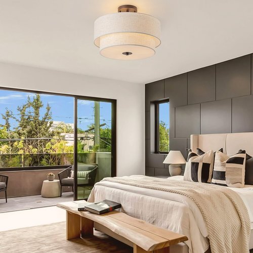 Bargeni 16" Semi Flush Mount Ceiling Light, 3-Light Drum Ceiling Light Fixture, Oil Rubbed Bronze with Double Linen Fabric Shade, Modern Light Fixtures Ceiling Mount for Bedroom, Living Room, Entryway