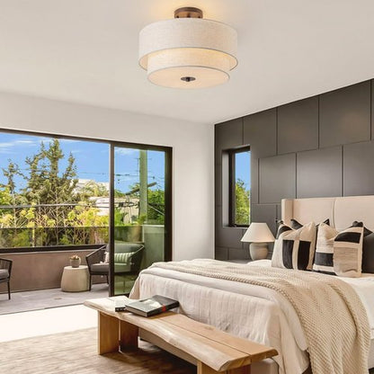 Bargeni 16" Semi Flush Mount Ceiling Light, 3-Light Drum Ceiling Light Fixture, Oil Rubbed Bronze with Double Linen Fabric Shade, Modern Light Fixtures Ceiling Mount for Bedroom, Living Room, Entryway