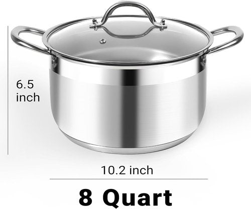 Kirecoo Stainless Steel Stock Pot - 8 Quart Heavy-Duty Induction Cookware with Visible Lid | Nonstick Design for Pasta, Soup, and Canning