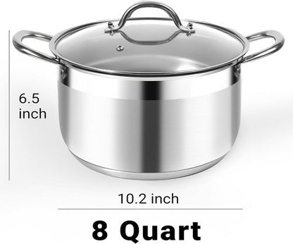 Kirecoo Stainless Steel Stock Pot - 8 Quart Heavy-Duty Induction Cookware with Visible Lid | Nonstick Design for Pasta, Soup, and Canning