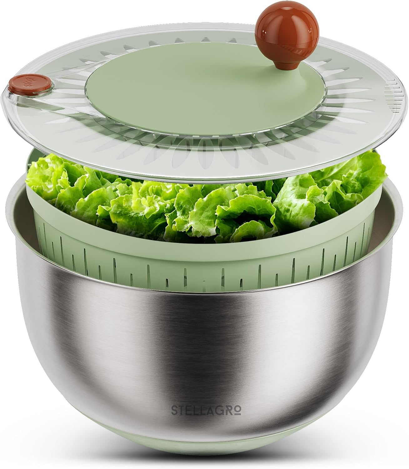 Stainless Steel Salad Spinner - Large 5.3 Quart Lettuce Dryer & Fruit Cleaner with Strainer